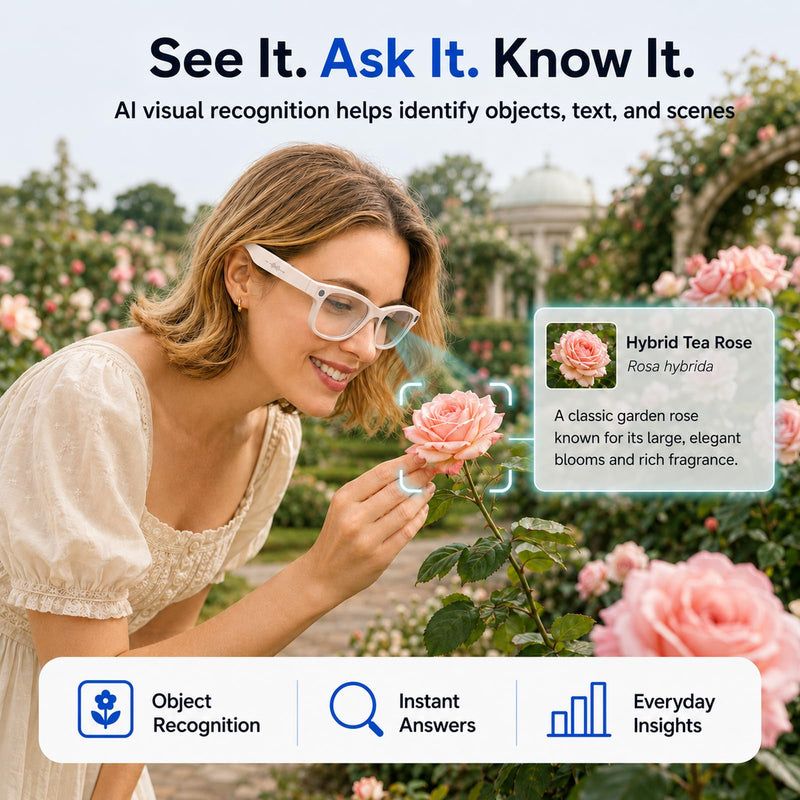 AI Smart Glasses with Camera Stabilization - 8MP POV Video Recording, Real-Time AI Translation, Smart Assistant, Dual-Mic Noise Canceling for Travel & Meetings - Anti-Blue Light, Beige Frame