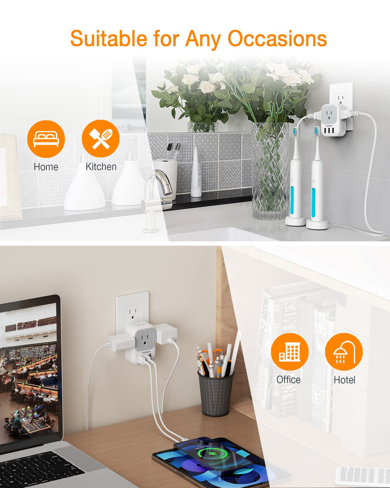[AUSTRALIA] - USB Charger Block, TESSAN USB Plug Adapter with Electrical 4 Box Splitter 3 USB Wall Charger Ports, Multi Plug Outlet Extender Charging for Cruise, Travel, Office, Dorm Essentials Grey USB-A 