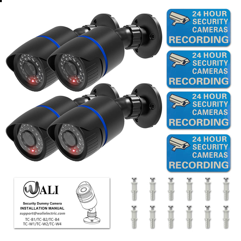 WALI Dummy Fake Simulated Surveillance Security CCTV Dome Camera Indoor Outdoor with One LED Light, Warning Security Alert Sticker Decal (TC-B4), 4 Packs, Black 4 Count (Pack of 1)