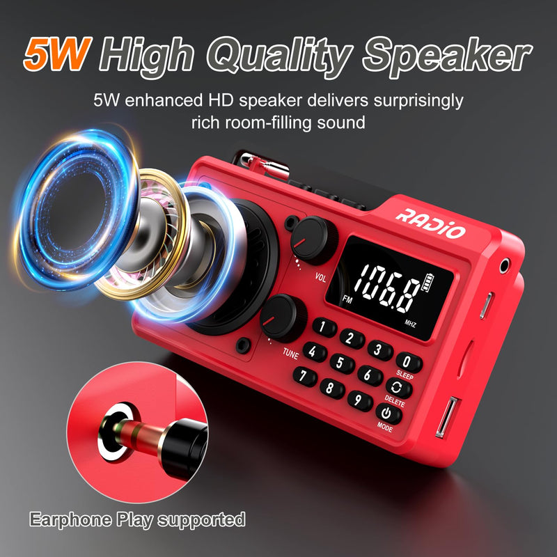 [AUSTRALIA] - Portable Radio AM FM 1500mAh Rechargeable with Best Reception, Transistor shortwave Radio Wireless Bluetooth Speaker, with Large LCD Screen, Support TF Card U Disk, Earphone, Sleep Timer (Red) Red 