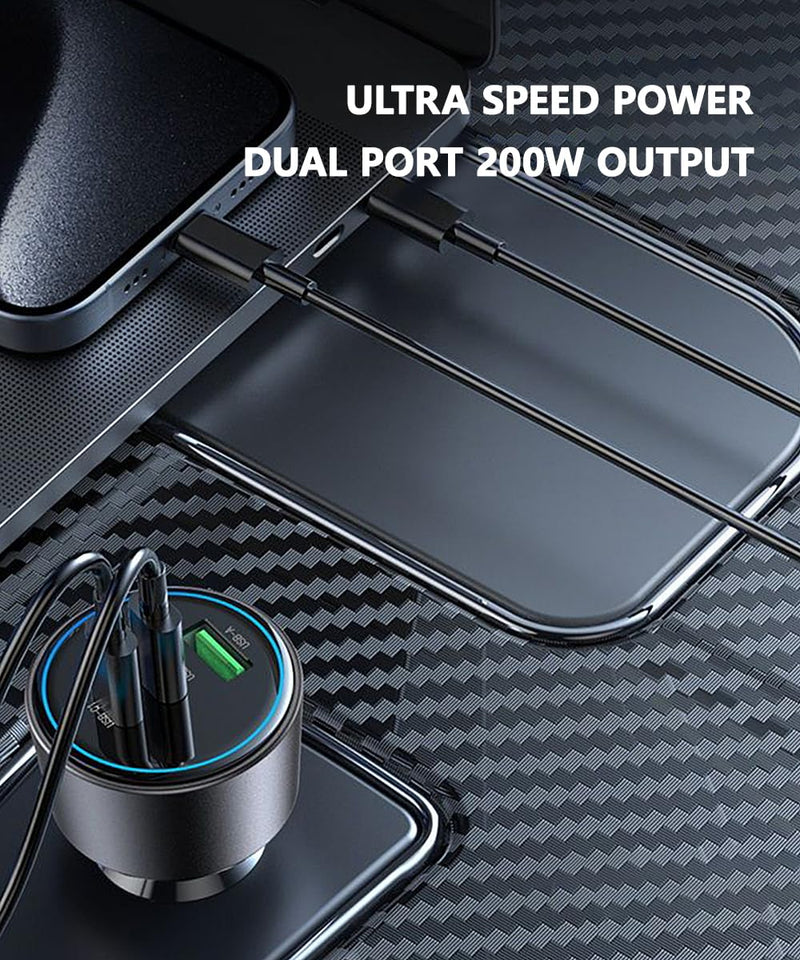 200W Car Charger, USB C Car Charger PD3.0 QC4.0 PPS Fast Charging Car Adapter with 2 100W USB C Cable 3 Port Type C Cigarette Lighter for Dell XPS, MacBook, iPhone 16 15 14, Galaxy S24 Ultra, iPad Pro Black 200W