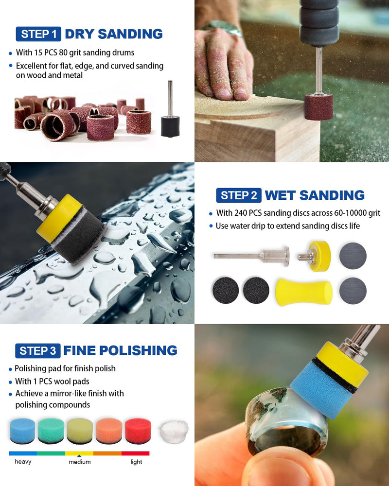 268pcs 25mm Wet and Dry Sanding Discs and Drum Sander Set, 60-10000 Grit Sanding Bits Accessories for Dremel Rotary Tools, Drill Attachment for Resin, Wood, Metal and Jewelry