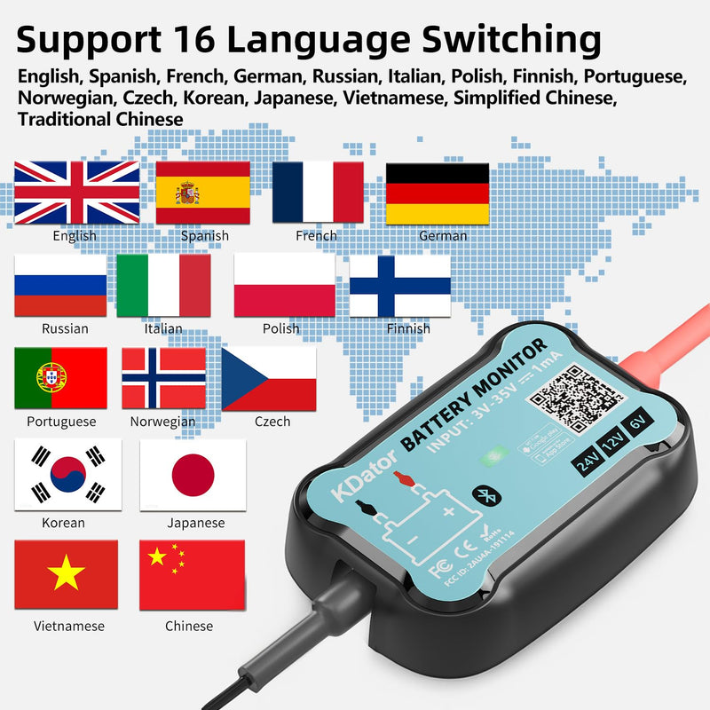 24V 12V 6V Bluetooth Battery Monitor BM7–Work for All Lead-Acid & Lithium Battery with Charging, Cranking System Test & Auto Alarm – Waterproof Voltmeter for Cars, Vans, Trucks, Motorcycles, Boats For 6V-24V Lead-Acid & Lithium Battery
