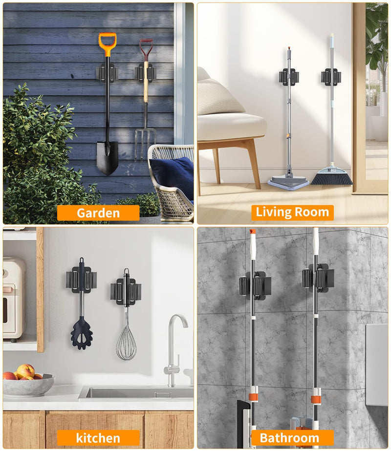 FAOKZE Pack of 12 Stainless Steel Mop Holder, Broom Holder Wall, Broom Holder, Tool Holder, Wall Mount, Stainless Steel Wall Mount, Garden Tool Holder, (24 Screws), for Kitchen, Home, Bathroom Black 12pcs