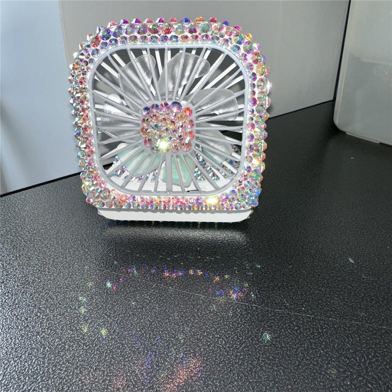 Customized Mixed Rhinestone Rechargeable Mini Handheld/Hanging Portable Usb Battery Operated 3000MA Power Bank Folding Personal Fan for Girls Camping Travelling Outside Indoor Office ab
