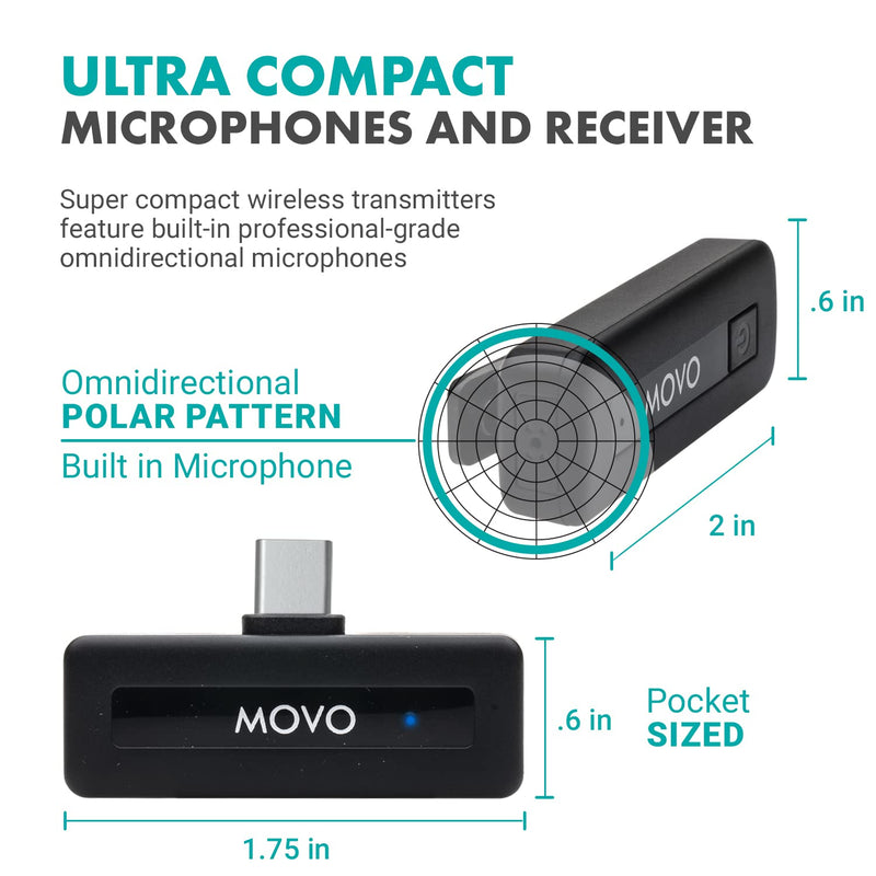 [AUSTRALIA] - Movo Mini USB-C Duo Wireless Microphone for iPhone 15/16/17 and up - Ultracompact Microphone for iPhone 15/16/17 with Clip on Wireless Lavalier Mic 2 Transmitters 