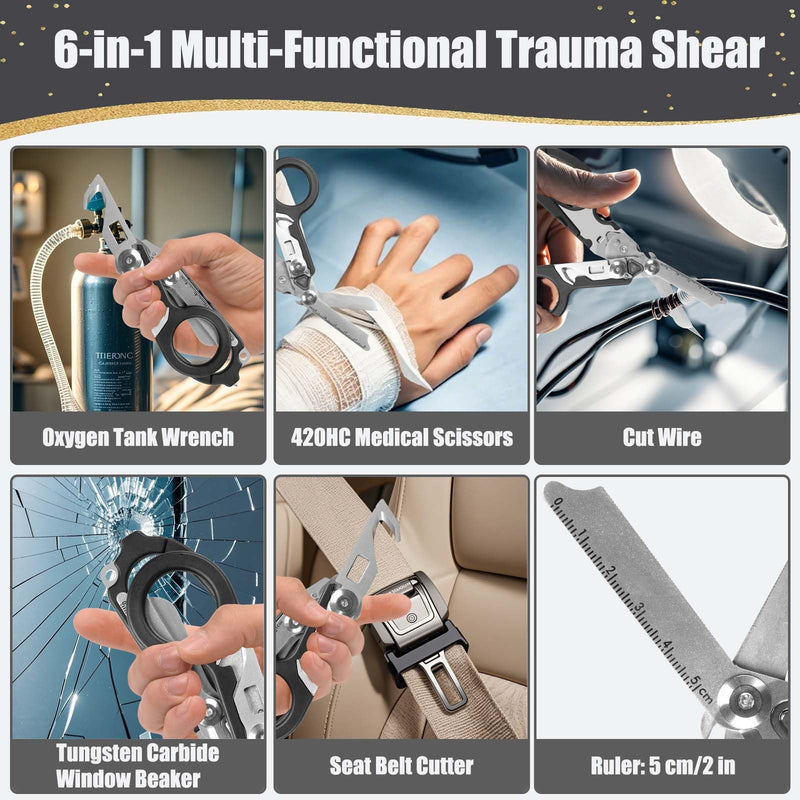 6 in 1 Multifunctional Foldable Trauma Scissors with Compatible Holster Emergency Response Scissors Camping Rescue Tools Outdoor with Tape Cutter and Glass Breaker Black
