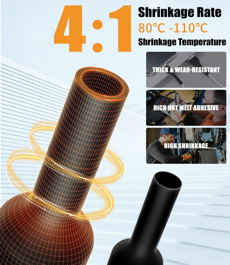 LEAZZLE Pack of 100 Heat Shrink Tubing Set, 90 mm Extra Long, 4:1 Heat Shrink Tubes with Adhesive, Double Wall Heat Shrink Tube, Waterproof for Electrical Insulation and Cable Connectors (5 Sizes,