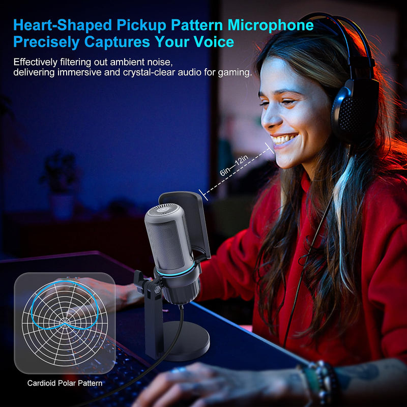 USB Condenser Gaming Microphone, PC Microphone for Streaming, Podcasts, Recording, Desktop Computer Mic with Mute Button & LED Indicator, Volume Control, Headphone Jack
