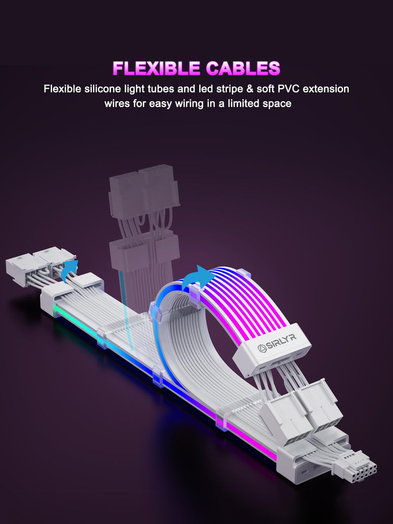 Sirlyr RGB 12VHPWR Cable Set,ARGB PSU Extensions for RTX 50/40 | Includes 24Pin ATX & 16Pin to 2×8Pin GPU cables,soft LED strip ARGB lighting,compatible with RTX 5090/5080/4080 12VHPWR to 2×8 Pin Set