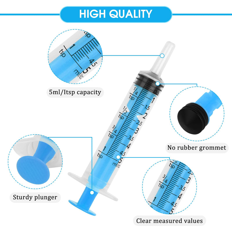 Pack of 30 Disposable Syringes, 5 ml, Plastic Syringe with Cap, Feeding Syringe Without Needle, Sterile Syringes for Animal Feeding, Refills, Liquids, 5 Colours