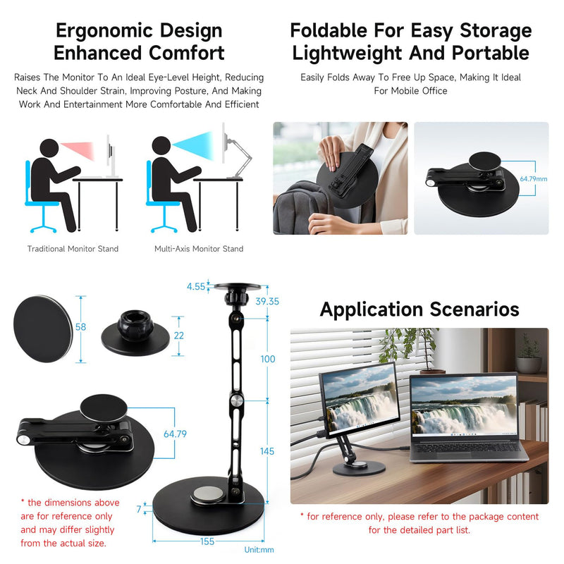 KLAYERS Mini Monitor Stand B,N52 Neodymium Magnet with Metal Rings,Stable Weighted Base,Ergonomic & Foldable Design