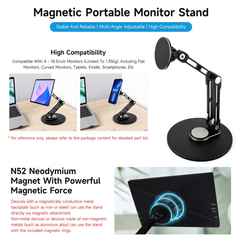 Waveshare Magnetic N52 Neodymium Magnet Portable Monitor Adjustable Stand, Compatible with 4~18.5inch Monitors, Supports Multi-axis Rotation, comes with Magnetic metal rings, Foldable For Easy Storage