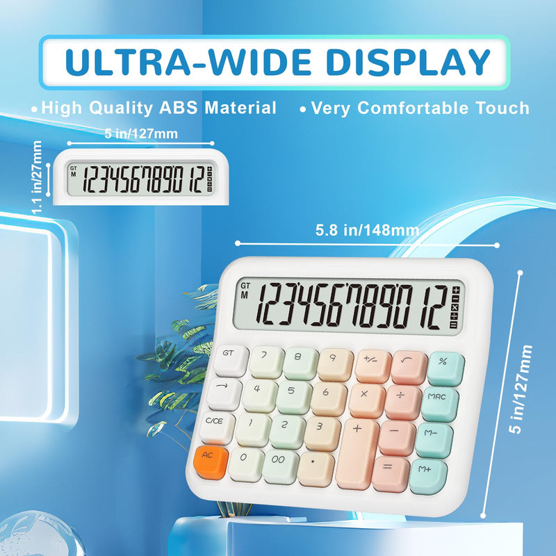 Pendancy Calculators Desktop 12 Digit, Cute Basic Calculator with Extra Large LCD Display and Buttons, for Office, School, Home Use White