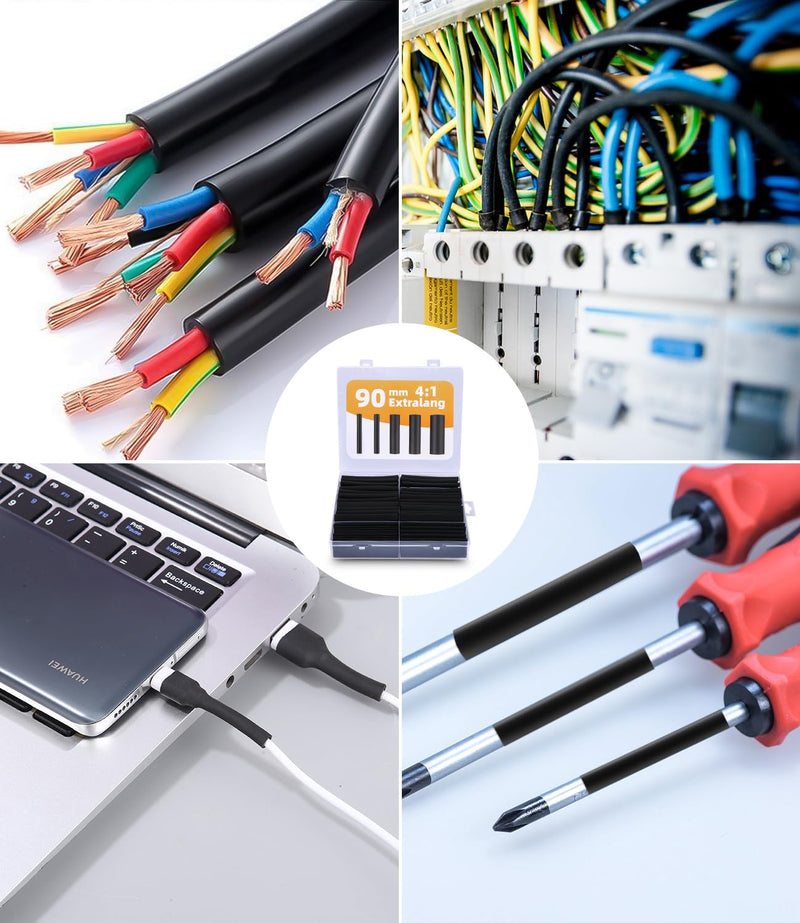 LEAZZLE Pack of 100 Heat Shrink Tubing Set, 90 mm Extra Long, 4:1 Heat Shrink Tubes with Adhesive, Double Wall Heat Shrink Tube, Waterproof for Electrical Insulation and Cable Connectors (5 Sizes,