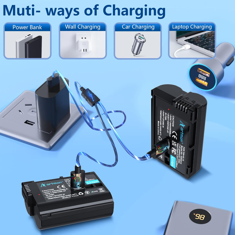 [AUSTRALIA] - Artman 2-Pack EN-EL15c Battery 2500mAh with USB-C Two-Ended Charging Cable for Nikon Zf Z5 Z6 Z6 II Z7 Z7II Z8 D7000 D7100 D7200 D7500 D500 D600 D610 D750 D780 D800 D850 D800E D810 D810A 1V1 Cameras 