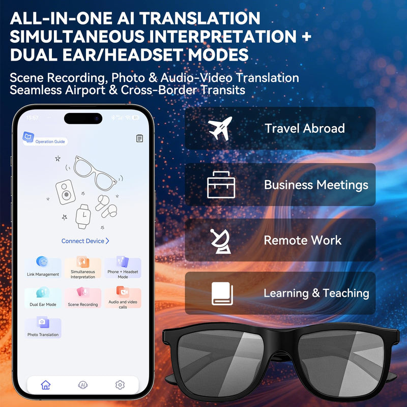 2026 Smart Audio Glasses with Electrochromic Lenses, Adjustable Tint Sunglasses for Driving,Travel,Daily Use,Open Ear Bluetooth 5.4, AI Translation, Premium Tech Gadget Gift for Men Women BLACK