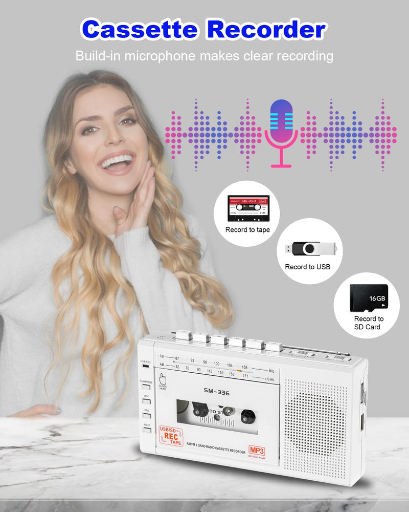 [AUSTRALIA] - Portable Cassette Tape Player to Digital Converter via USB/SD Card, Record to Cassette/U Disk/SD Card via Mic, Power by AC or AA Battery, Portable Cassette Recorder with Speaker and Headphone Jack White 