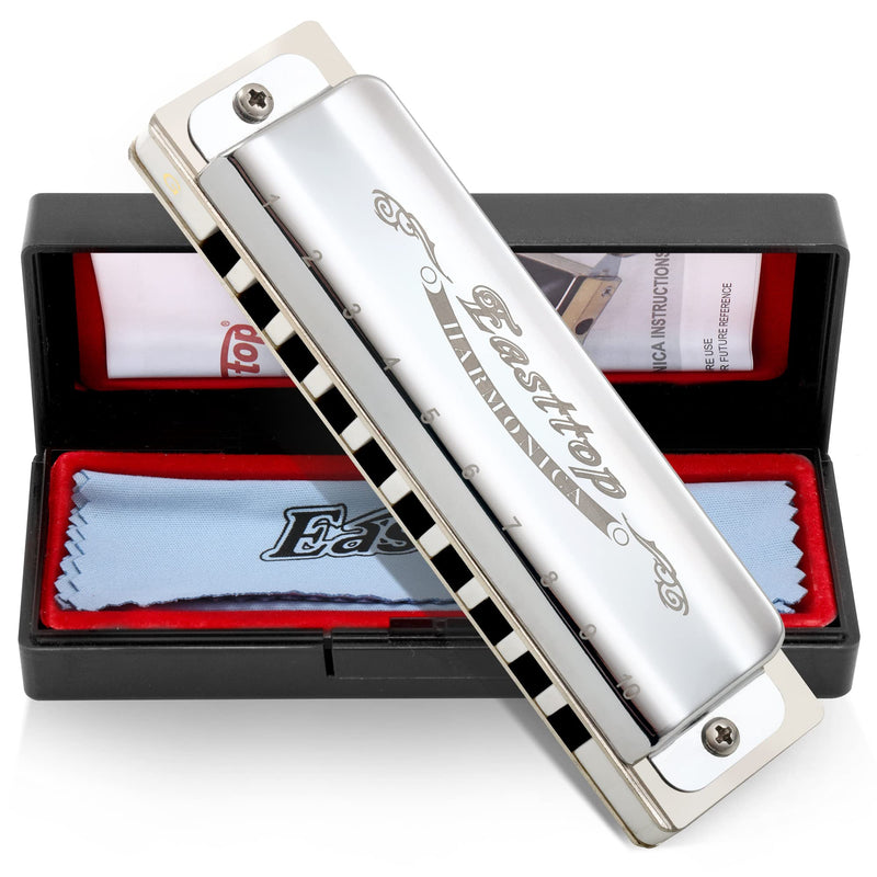 [AUSTRALIA] - East top Diatonic Blues Harmonica 10 Holes Key of G Professional Diatonic Blues Mouth Organ T008, Silver Harmonica For Adults, Professional Player and Students 