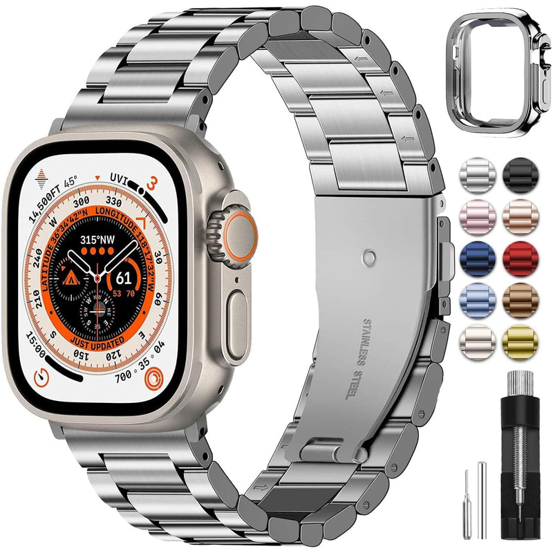 Fullmosa Compatible Stainless Steel Apple Watch Band Ultra/Ultra2 49mm Silver with Case & Compatible Leather Apple Watch Band Ultra/Ultra2 49mm,Black