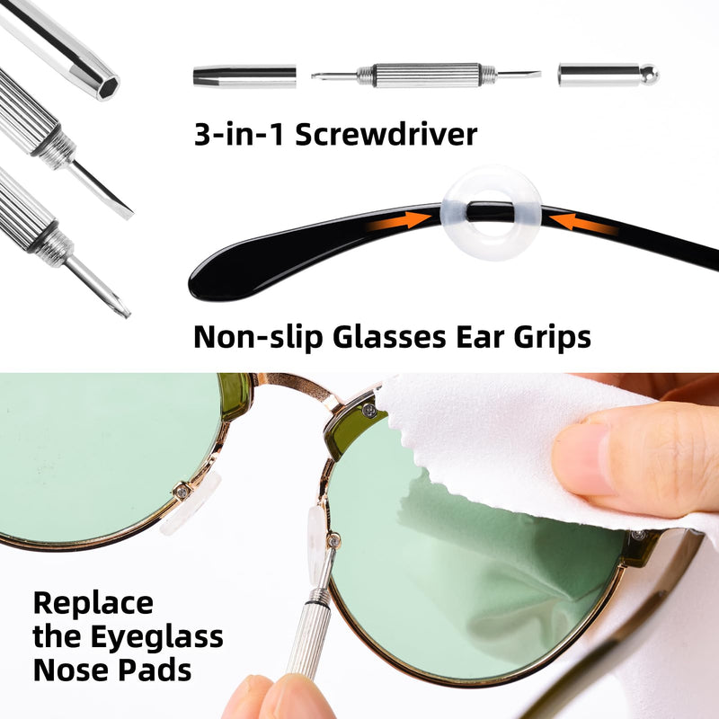 Glasses Cleaning Kit Eyeglass Cleaner, Anti Fog Lens Cleaner Spray with Microfiber Lens Cleaning Cloth, Eye Glass Repair Kit with Screws and Screwdriver, Nose Pads, Portable Glasses Cleaner Tool Light Black