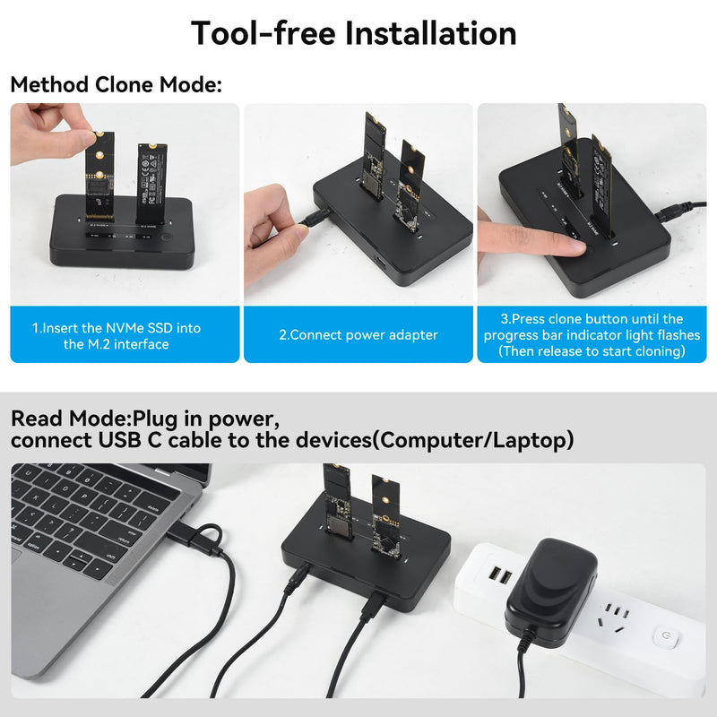 ELUTENG M.2 NVMe SSD Cloner, USB 3.2 20Gbps Dual Bay NVMe Enclosure, Tool-Free Offline Clone & SSD to USB Adapter, Supports M-Key 2230/2242/2260/2280 SSDs