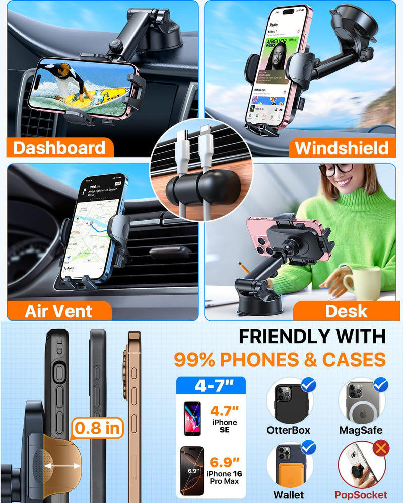 HTU 2026 Ultimate Best【True Military-Grade & Safety Cert】 Car Phone Holder | 【Upgraded 360 Rotation & 100LBS Strongest Suction】5-in-1 Truck Windshield Dashboard Vent Mount Stand for iPhone Android, Red