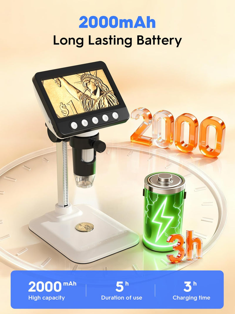 Coin Microscope for Error Coins, 4.3 inches 1080P LCD Digital Microscope, 50x-1000x Magnifier with 8 Adjustable LED Lights, PC View, Compatible with MacOS Windows for Adults Kids White