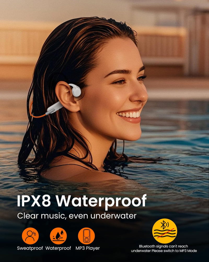 HIFI WALKER Bone Conduction Headphones, Waterproof Swimming Headphones, Open Ear Headphones Wireless Bluetooth 5.3, Built-in MP3 32G Memory, Underwater Headset for Swimming, Sports, Running, Cycling Apricot