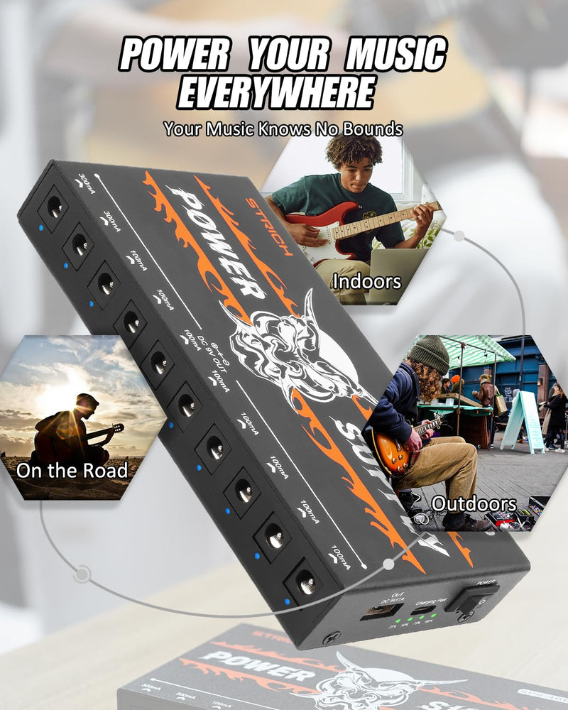 STRICH SPS-40B Pedal Power Supply with Built-in 10000mAh 10 Outputs DC 9V (2x300mA, 8x100mA) Jacks for Guitar Bass Pedals, Rechargeable Battery Guitar Effect Pedal Power, 5V/1A USB Port, Noiselessly