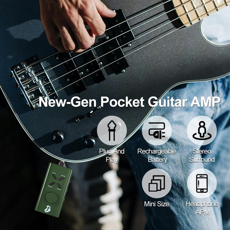 Guitar Headphone Amp, Mini Guitar Headphone Amplifier USB Rechargable Plug-in Portable Pocket Guitar Amplifier with 24 Multi-Effects Clean Overdrive Distortion Modulation Delay and Reverb Green