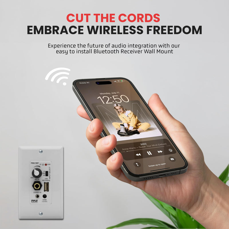 Pyle Bluetooth Receiver Wall Mount, in-Wall Audio Control with Built-in Amplifier | USB, Microphone, Aux (3.5mm) Input | Terminal Block | Connect 2 Speakers - 100 Watt (PWA15BT.5)