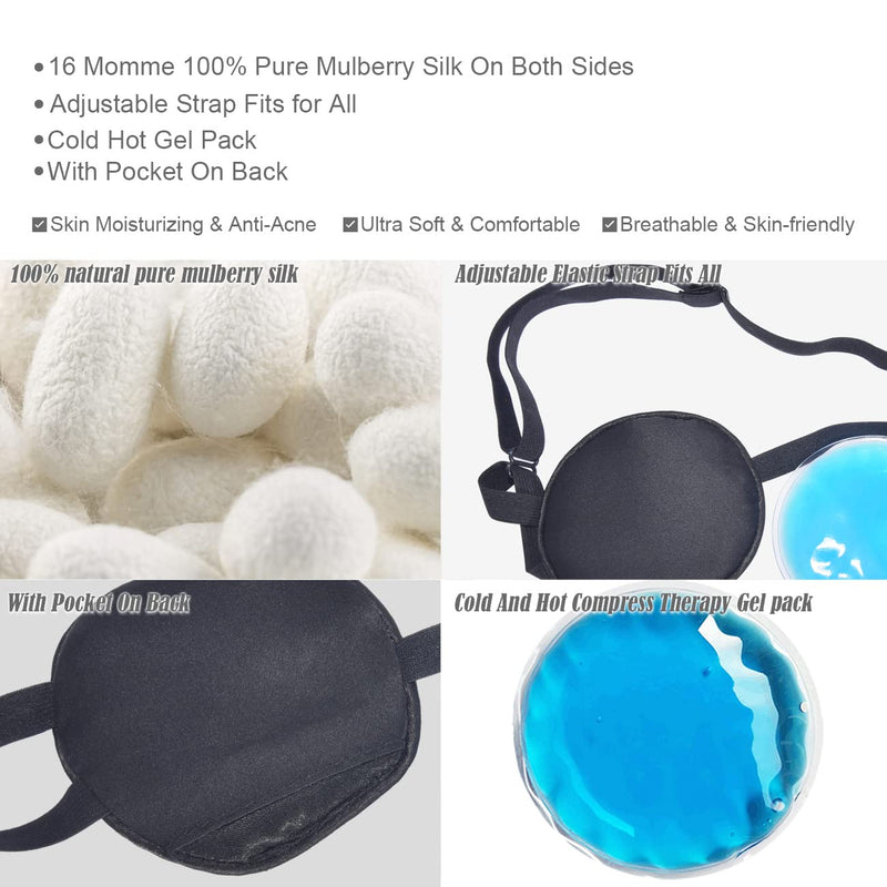 Ice Eye Patches for Puffy Eyes, Pure Silk Cooling Single Eye Patch Medical One Eye Mask Cover Cold Hot Therapy Strabismus Lazy Eyes Bags After Surgery Pirate Eyepatch Adult Kid (Black) Black