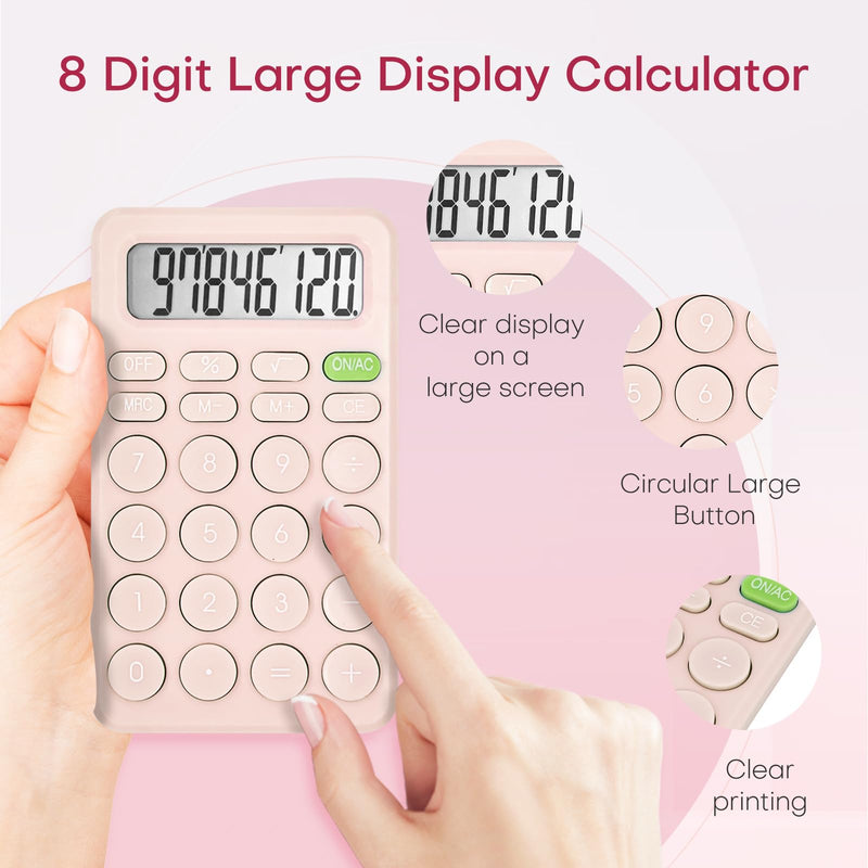 Cute Calculator, Basic Four Function Calculator for Teachers Students Basics Office, Small Handheld Calculator, 8 Digit with LCD Display, Sensitive Button, 5.5×3.2 inches Pink