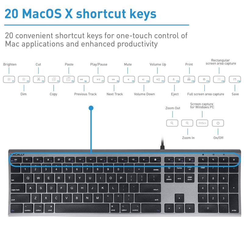 Macally Ultra-Slim USB Wired Computer Keyboard - Works Great as Both a Windows or Wired Mac Keyboard - Compatible Full Size Apple Keyboard with Numeric Keypad for Mac Mini, iMac, MacBook - Space Gray Space Grey
