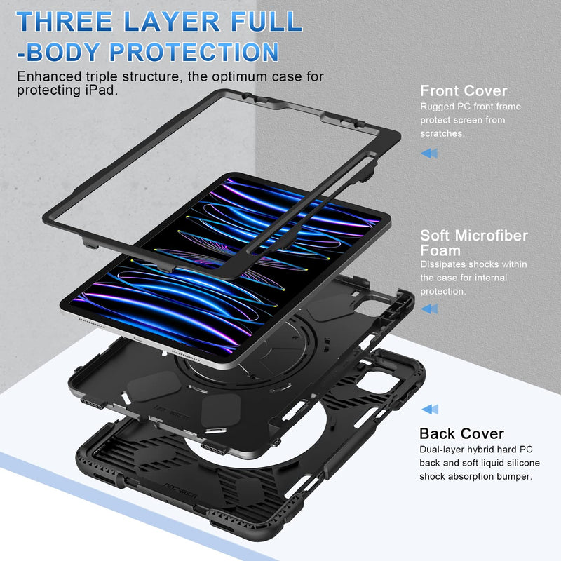 SUPFIVES Case for iPad Pro 11 inch (2022/2021/2020), Upgraded Military Grade Shockproof Protector Silicone iPad Pro 11 4th Gen Cover Pencil Holder+ Handle+ Shoulder Strap+ Rotating Kickstand, Black Ipad pro 11 inch 2022/2021/2020/2018