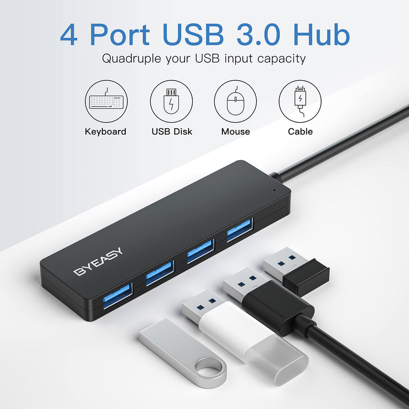USB Hub, BYEASY 4 Port USB 3.0 Hub, Ultra Slim Portable Data Hub Applicable for iMac Pro, MacBook Air, Mac Mini/Pro, Surface Pro, Notebook PC, Laptop, USB Flash Drives, Tesla Model 3 and Mobile HDD 0.8 ft Black