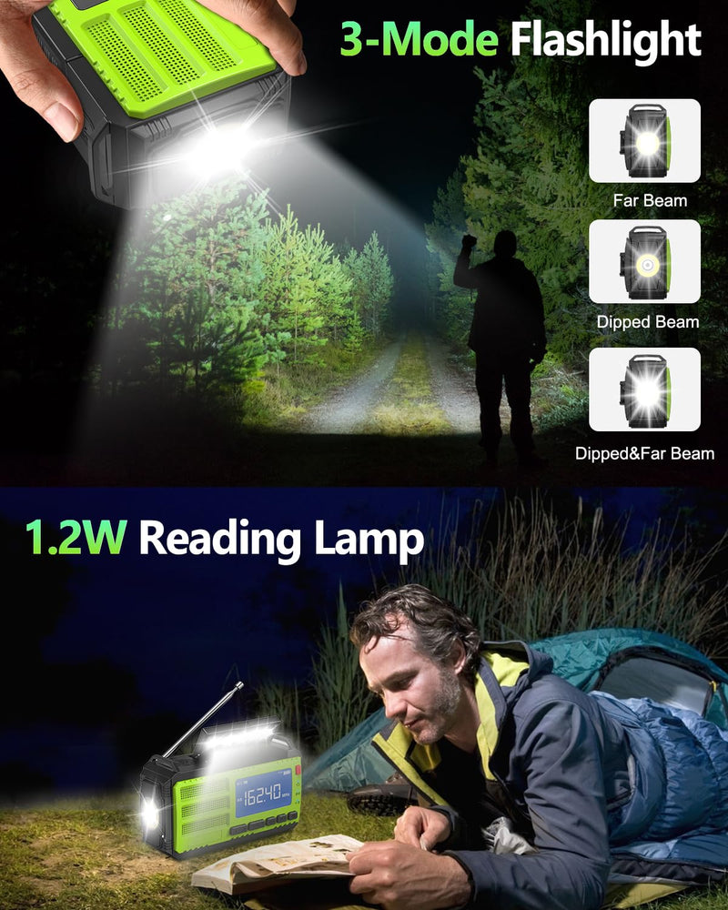 37000mWh Hand Crank Emergency Radio, AM FM NOAA Weather Alert Radio, Portable Solar Radio, 4 Charging Methods, 3-Mode Flashlight, Reading Lamp, SOS Alarm, Phone Charger for Winter Storm Emergency Green