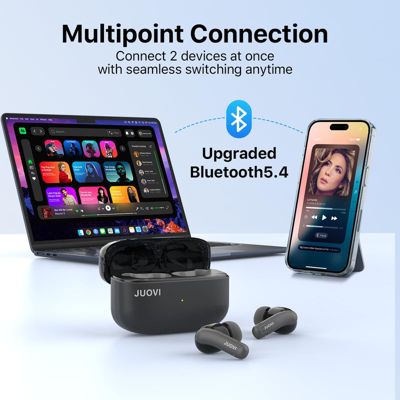 JUOVI Ture Wireless Earbuds Active Noise Cancelling Bluetooth Headphones | 55H Playtime 6-Mic ENC Clear Calls, Bluetooth 5.4 IPX5, 52dB Hybrid ANC in-Ear Earbuds for Phone Laptop etc Black ZT242