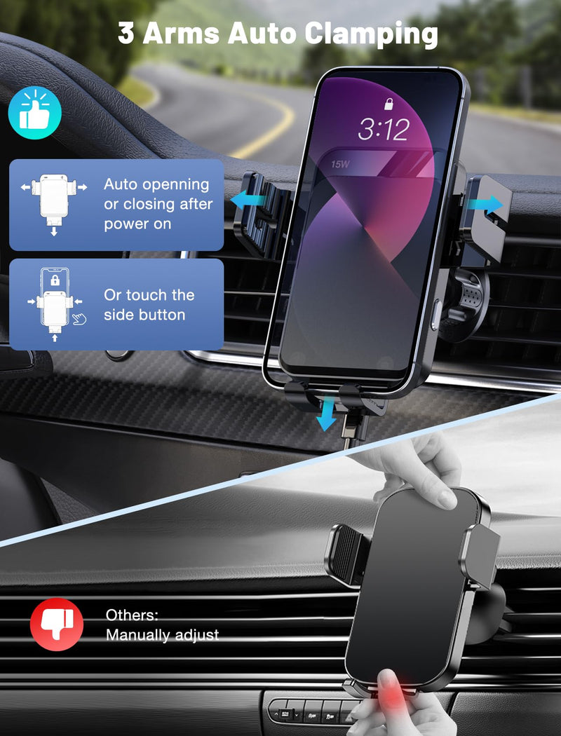 Wireless Car Charger, MOKPR Auto-Clamping Car Mount 15W/10W/7.5W Fast Charging Air Vent Car Phone Mount Compatible with iPhone 15/14/13/13 Pro/12 Pro Max/12 pro/12/11/10 Series, Samsung Galaxy Series | Car Phone Holder Compatible for iPhone 17/16/15/14...