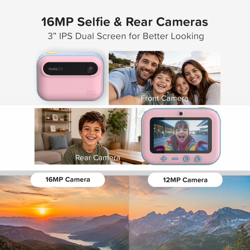 myFirst Kids Instant Print Camera, 16MP Camera, 9 Rolls Paper, Travel Case | 7S inkless thermal printing, insta 20 bundle, selfie lens, toy camera, school travel play, birthday gift for girls ages 4-12 Cotton Candy Camera + 9 Rolls Paper + Carrying Case