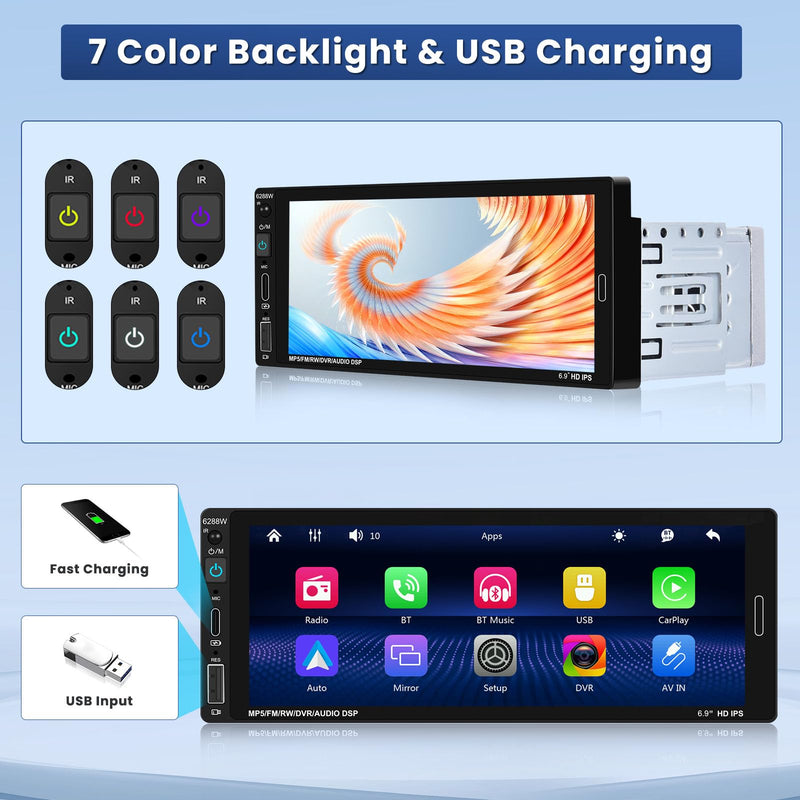 [Fuluku] 6.9 Inch Single Din Car Stereo with Wireless Carplay Android Auto | Wireless Carplay Android Auto,1 Din Car Radio BT with Backup Camera, Mirror Link, FM, EQ, USB/Type-C/Aux Input, Mic, SWC