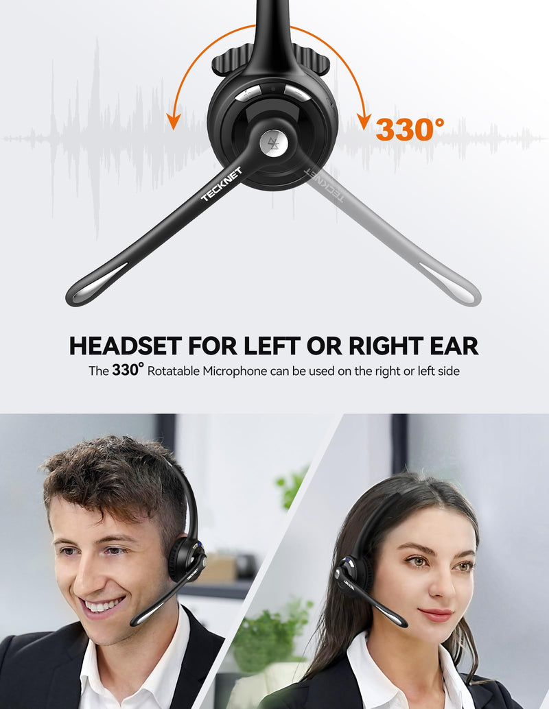 TECKNET Bluetooth Headset, Wireless Headset with Noise Canceling Microphone for Trucker, On-Ear Bluetooth Headphone with Mute Mic for Work Black & White