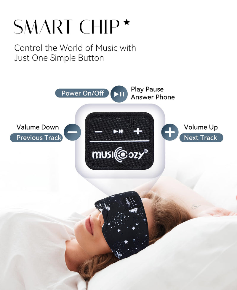 MUSICOZY Sleep Mask Stary Bluetooth Headphones for Sleeping Side Sleeper | Wireless Masks with Blackout Eye Cups, Soft Fabric, HD Audio, Comfortable for Side Sleepers, Travel and Relaxation Ice Black