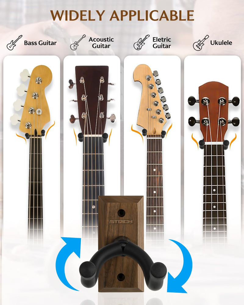 STRICH Guitar Wall Mount,Walnut Base Guitar Hanger,U-Shaped Hanger Mount with Screws, Guitar Holder Hook Stand Wall for Acoustic, Electric Guitar, Banjo, Bass(3-Pack)