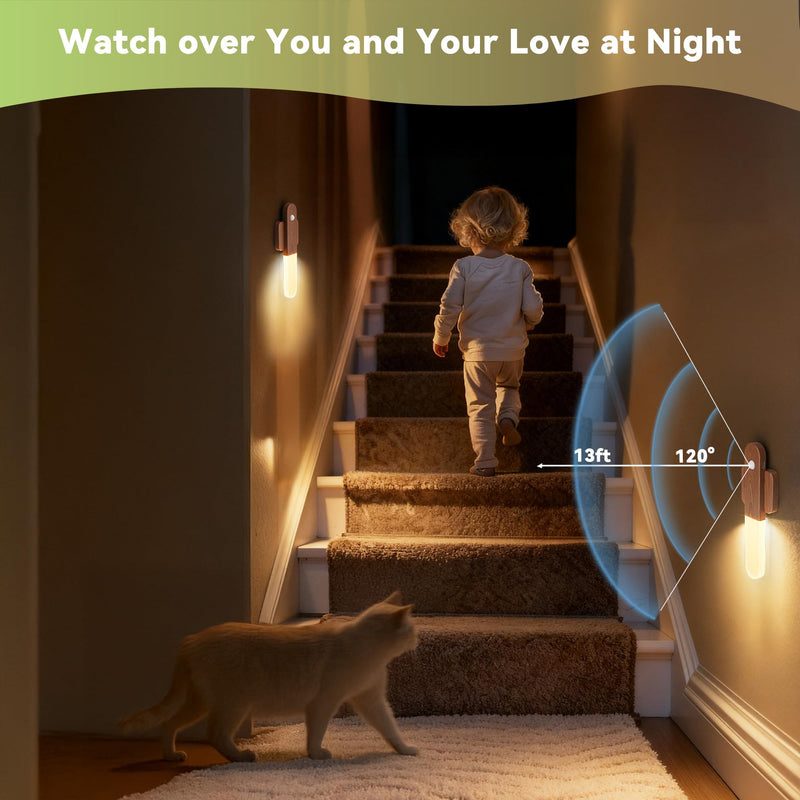 Battery Operated Motion Sensor Wall Sconces Set of 3, Motion Sensor Wall Light Wireless, Magnet Rechargeable LED Lights, Stairs Lights, Decor for Bedroom, Hallway, Living Room, Closet (Walnut Wood) Walnut Wood-3pcs（NEW）
