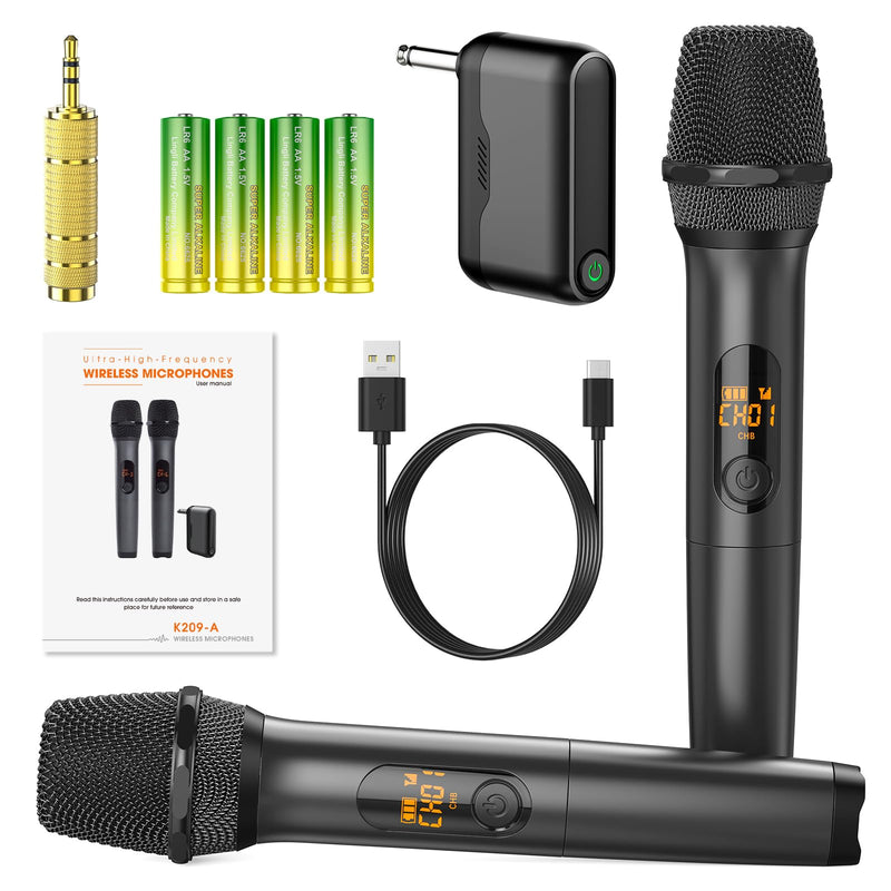 Wireless Two Microphone System with Dual-Channel Receiver, Professional UHF Metal Dual Handheld Cordless Dynamic Mic, 160 ft Range, Microphone for Karaoke, Party Singing, Lecture, DJ, Wedding