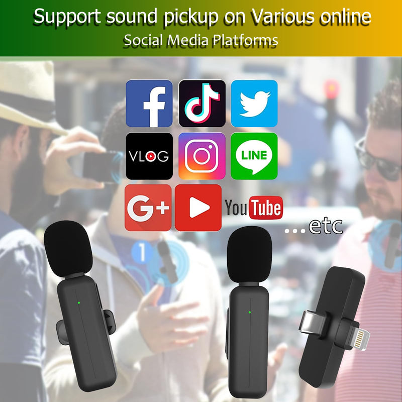 [AUSTRALIA] - 2 Pack Wireless Mini Lavalier Lapel Microphone for iPhone,Android Phone(2 in 1) - 80ft Cordless Clip on Dual Mics with Noise Reduction 5H Working Time for Video Recording Vlogging, YouTube, Interview Black 
