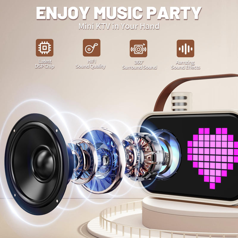 Karaoke Machine for Kids Adults, Portable Bluetooth Karaoke Speaker with 2 Wireless Microphones, Pixel Display Light, Birthday Gifts Toys for Girls & Boys Ages 3, 4, 5, 6, 7, 8, 9,10,11,12+ Years 2 Mics Beige