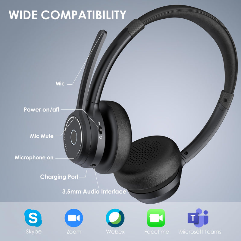 Bluetooth Headset, Wireless Headset with Noise Cancelling Microphone for Work, On Ear Headphones with USB Dongle and Mute Mic for Computer, Office Headset for Work, Call Center